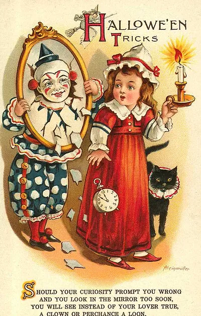 Hallowe'en Tricks: a girl at the mirror with a clown
