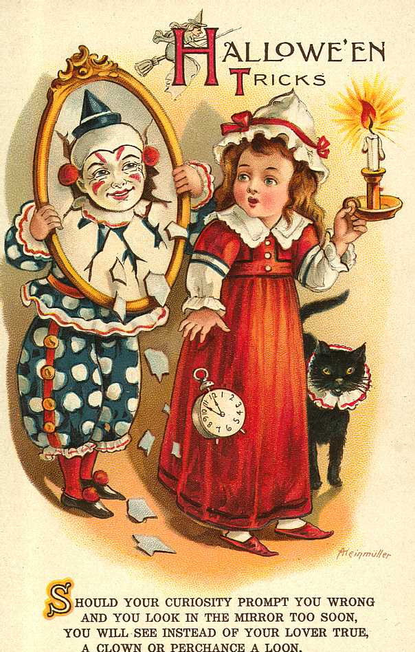 Hallowe'en Tricks: a girl at the mirror with a clown, Early 1900s — vintage postcard