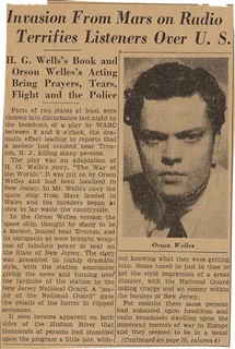 Newspaper clipping: “Invasion From Mars on Radio Terrifies Listeners Over U.S.,” October 31, 1938