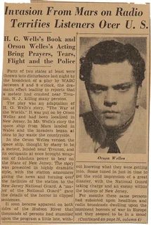 Newspaper clipping: “Invasion From Mars on Radio Terrifies Listeners Over U.S.,” October 31, 1938, 1938 — historic image