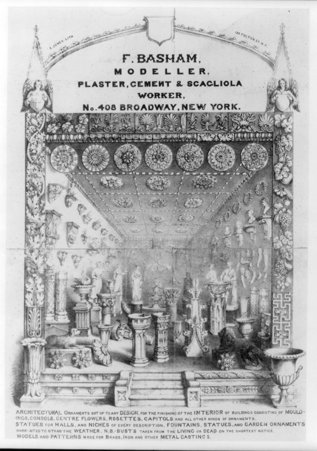 F. Basham, modeller, plaster, cement & scagliola worker No. 408 Broadway, New York, 1844 — historic print