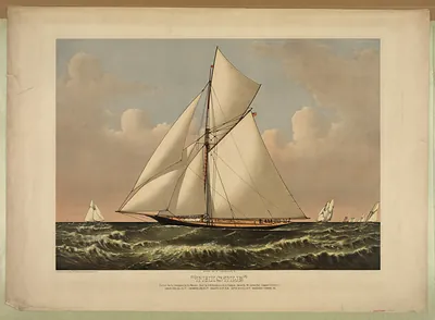Cutter yacht Thistle under sail, color lithograph