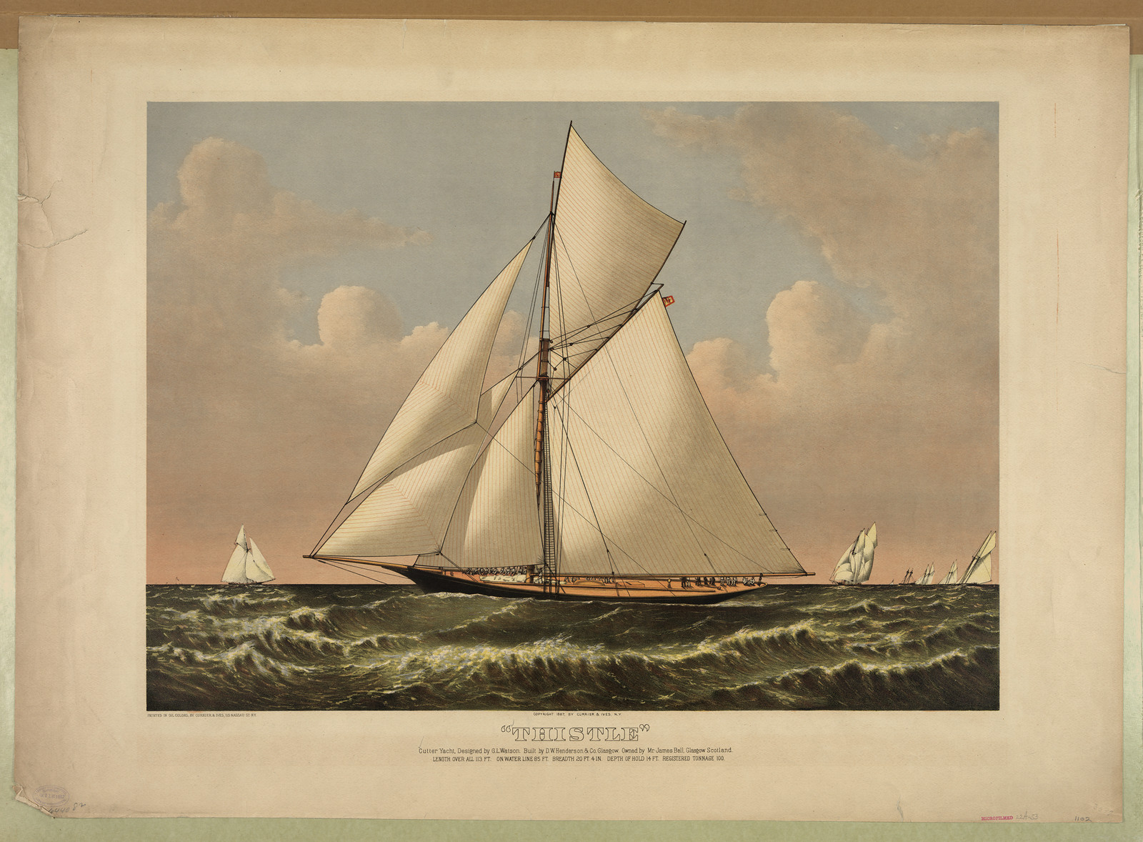Cutter yacht Thistle under sail, color lithograph — antique lithograph