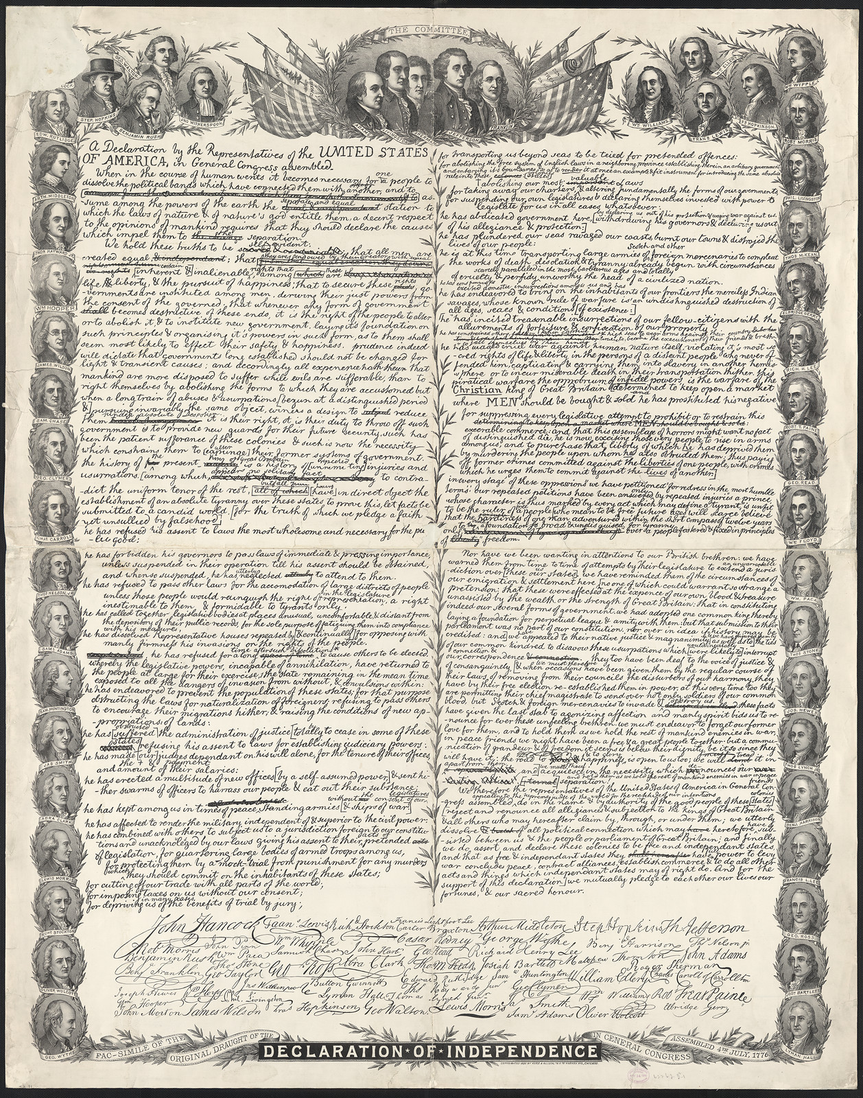 Declaration of Independence facsimile with engraved signers' portraits — historic image
