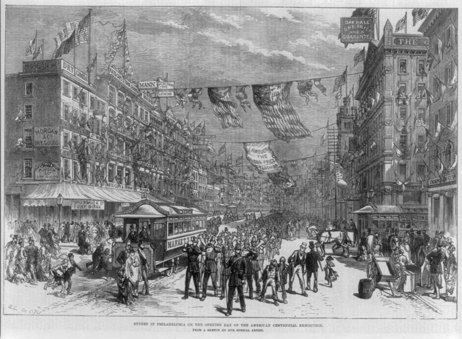 [Street in Philadelphia on the opening day of the American Centennial Exhibition, 1876], [1876] — antique engraving