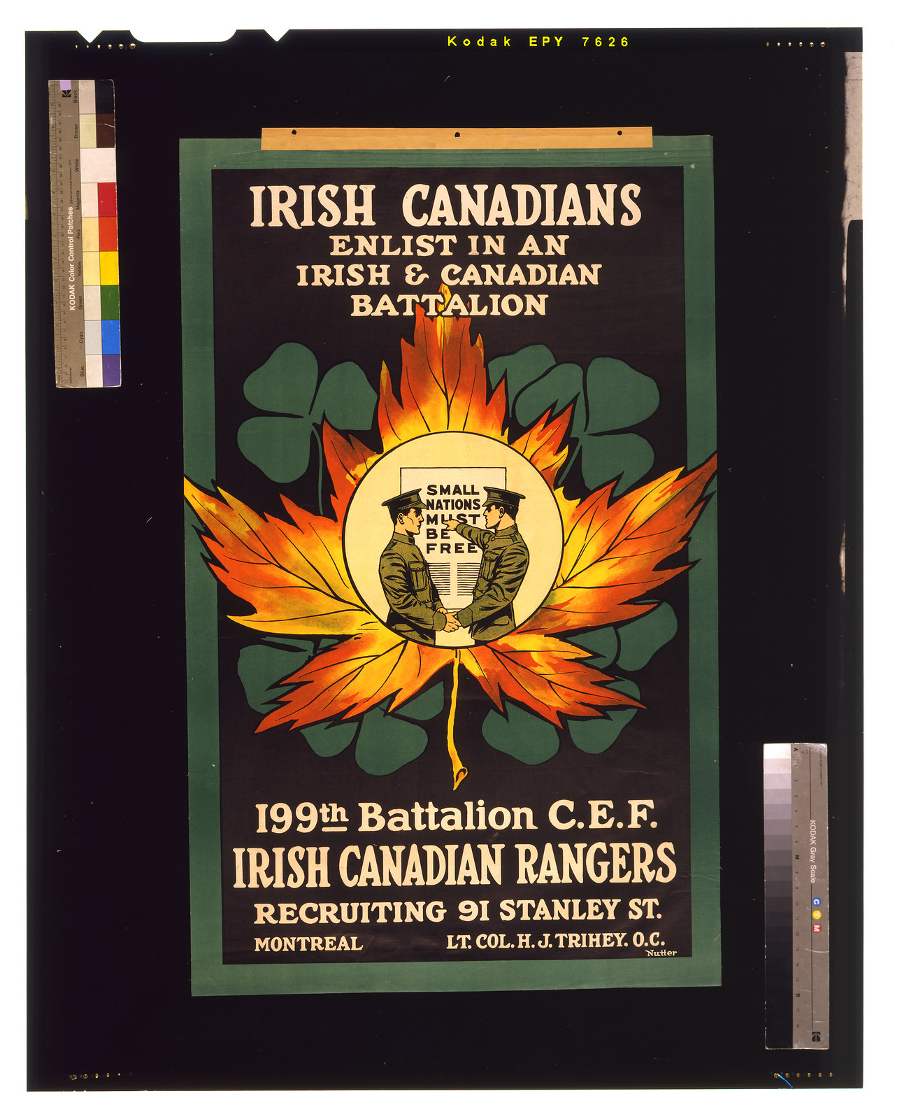 Irish Canadians. Enlist in an Irish and Canadian battalion. 199th Battalion C.E.F. Irish Canadian Rangers / Nutter., 1915 — vintage poster