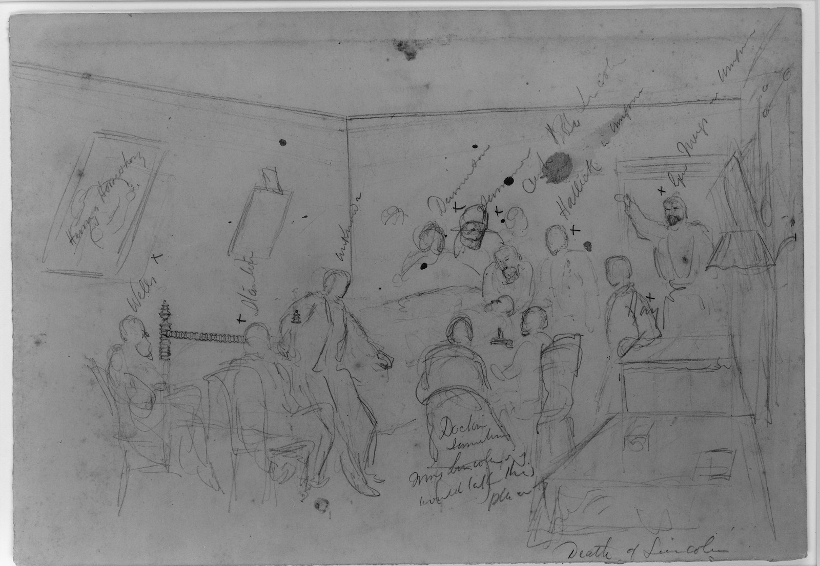 Pencil sketch of the Death of Lincoln scene — historic image
