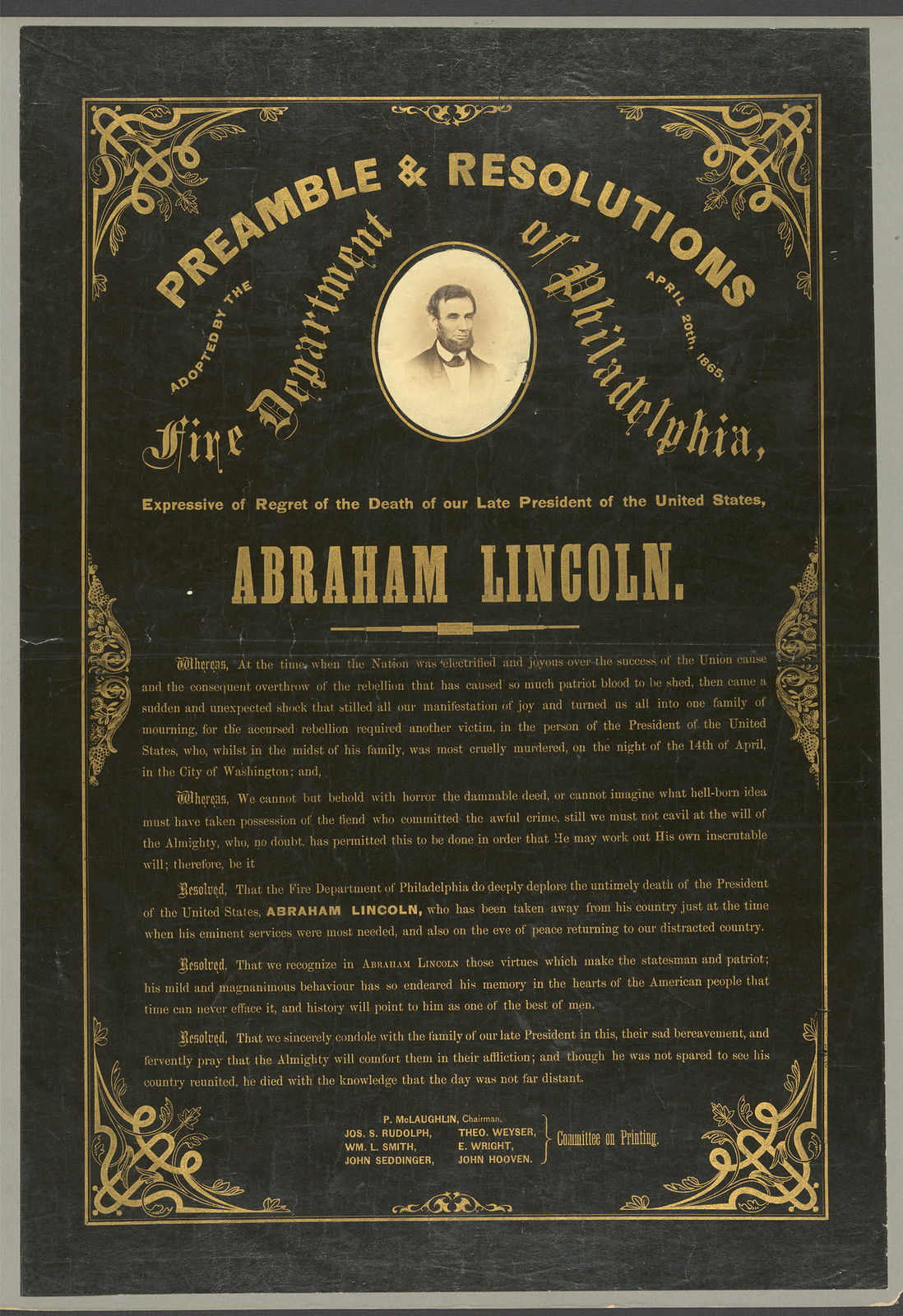 Preamble and Resolutions of Philadelphia Fire Department, Lincoln mourning — historic image