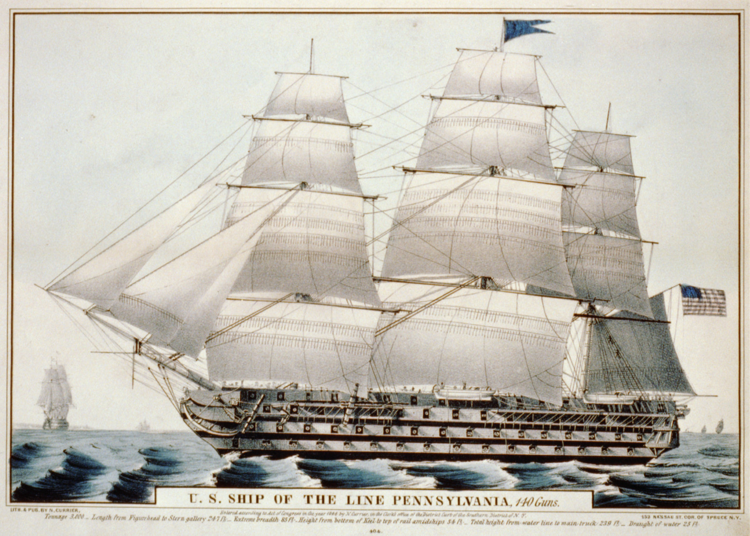 U.S. ship of the Line Pennsylvania, 140 guns, New York : Published by N. Currier, c1846. — antique lithograph