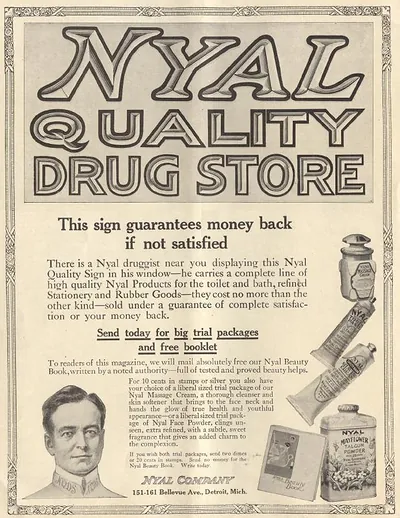 Nyal Quality Drug Store magazine advertisement for toiletries and beauty products