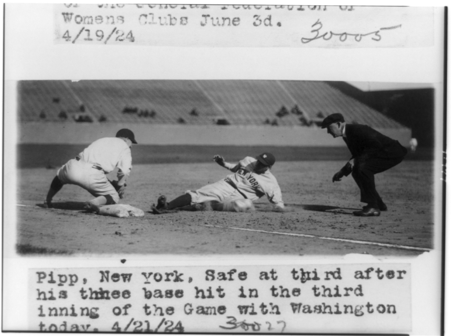 [Baseball player Pipp of New York sliding into third base in game with Washington], 1924 April 21. — historic photograph