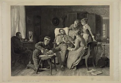 Wounded soldier tended in a farmhouse parlor, engraving