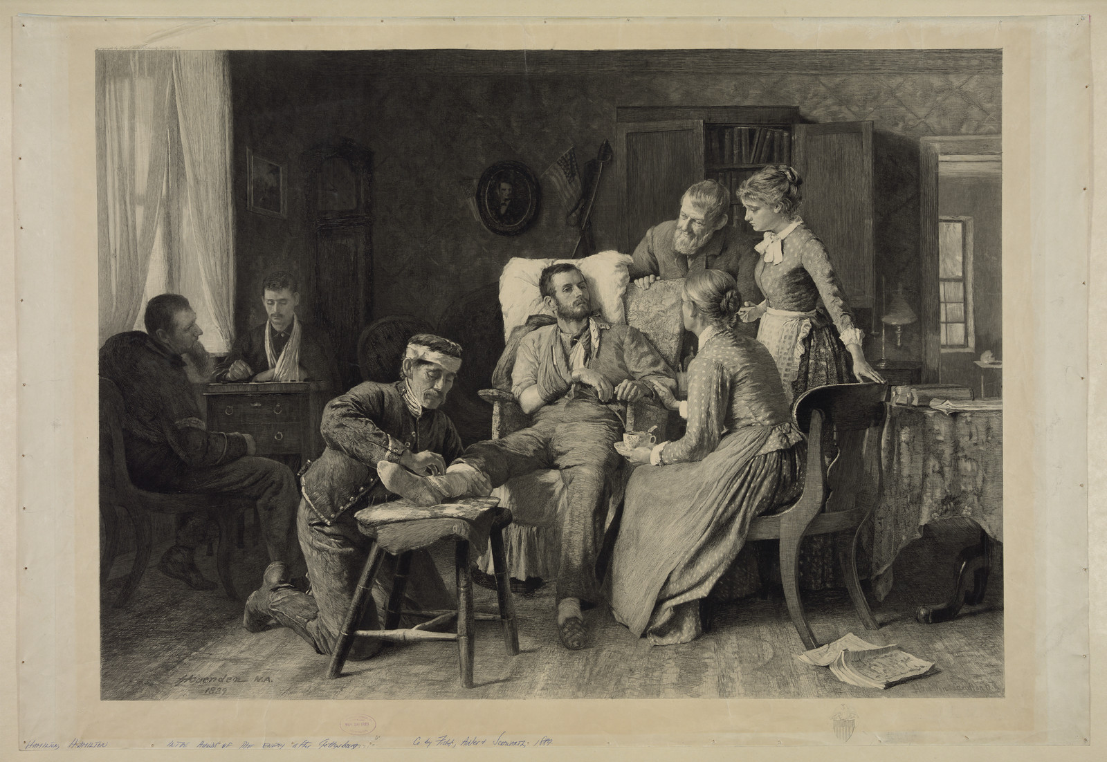 Wounded soldier tended in a farmhouse parlor, engraving — antique engraving