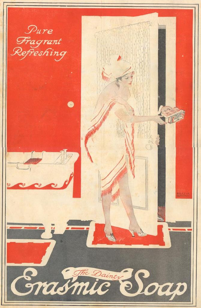 Erasmic Soap advertisement with woman in fringed wrap — historic image