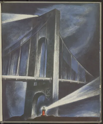 Suspension bridge at night with searchlights and red lighthouse