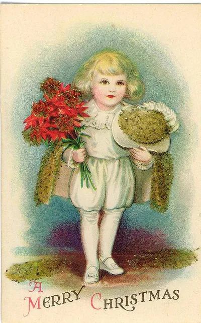 Vintage Christmas postcard of child with poinsettias