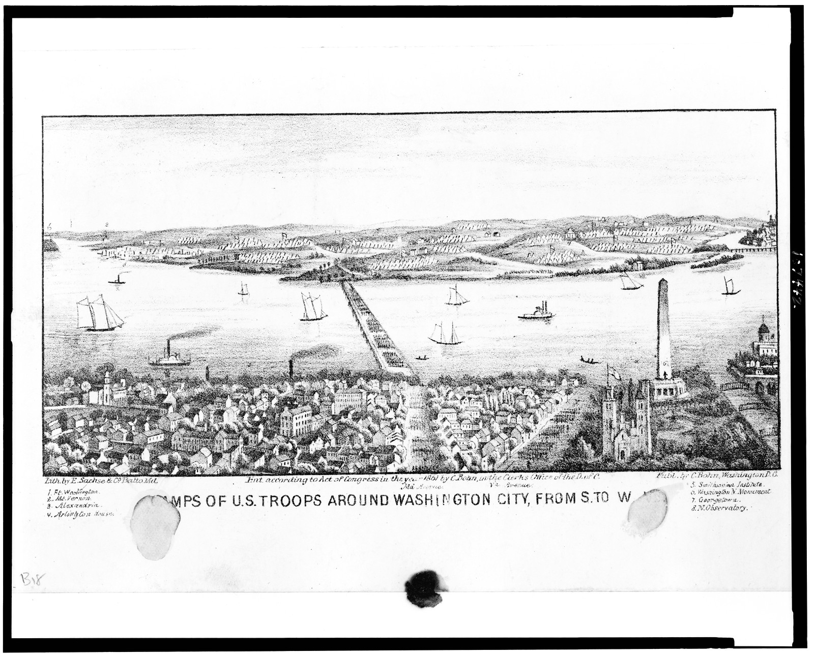 Camps of U.S. troops around Washington City, from S. to W. / Lith. by E. Sachse & Co., Balto. Md., Washington, D.C. : publ. by C. Bonn, c1861. — antique lithograph