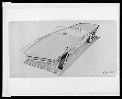 [Design drawing for Avanti automobile, front view from driver's side]