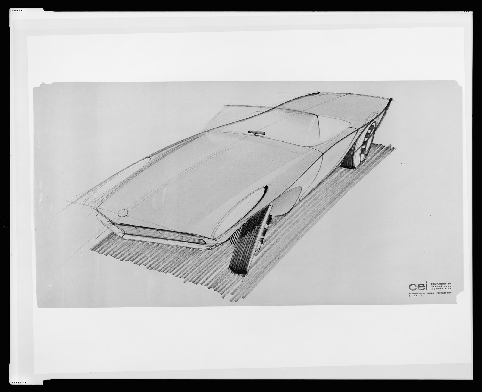 [Design drawing for Avanti automobile, front view from driver's side], [19]61. — historic drawing