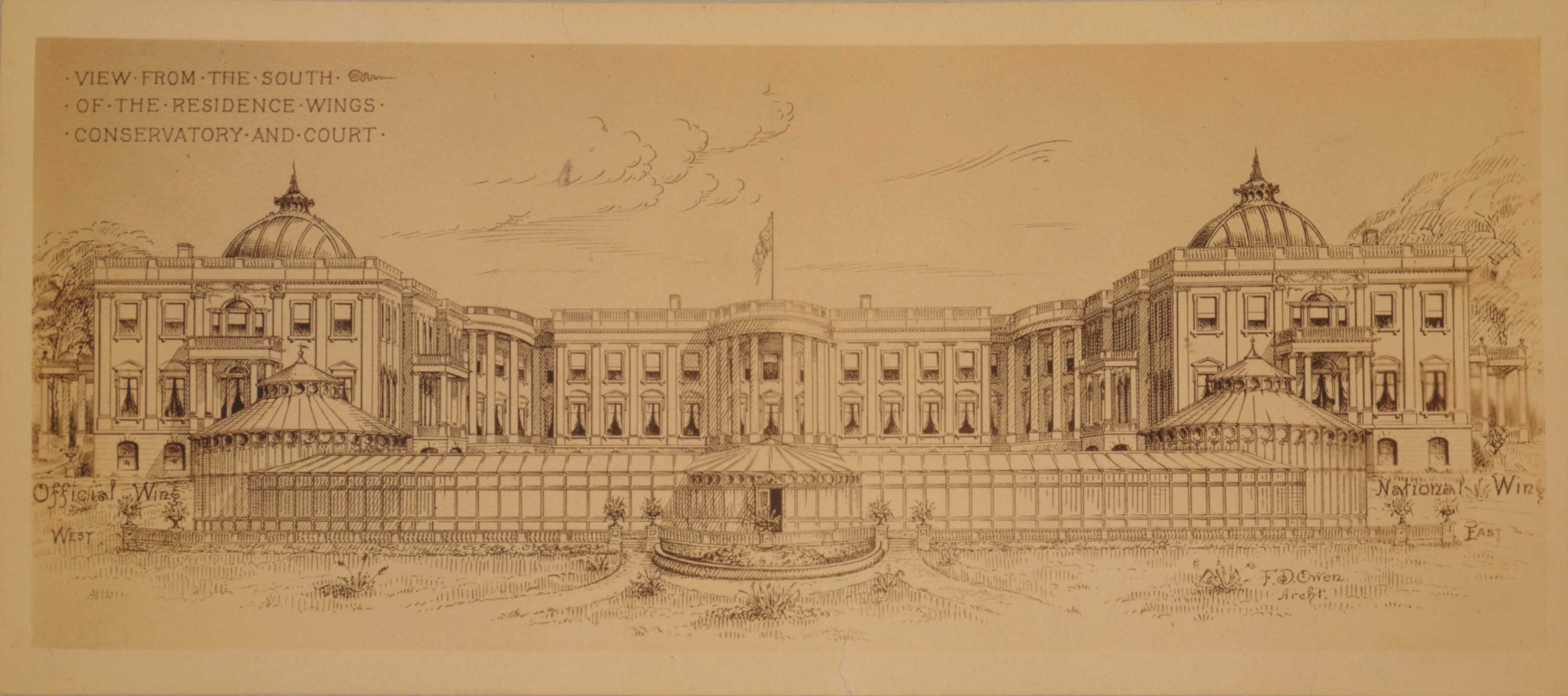 [Alterations to the Executive Mansion, for Mrs. Benjamin Harrison, Pennsylvania Avenue, N.W., Washington, D.C. View from the south, conservatory and court] / F.D. Owen, Archt., and Engineering (ADE) Drawings" (http://www.loc.gov/rr/print/res/103_ade.html)." — historic photograph