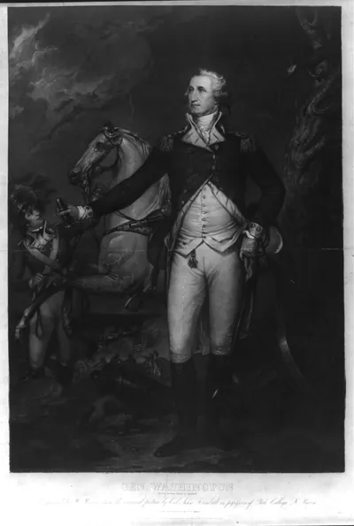 Gen. Washington (on the battle field at Trenton) / engraved by W. Warner from the original picture by Col. John Trumbull in possession of Yale College N. Haven.