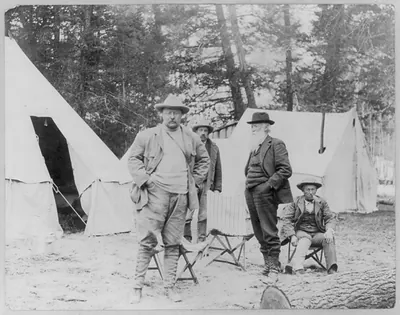 Theodore Roosevelt with John Burroughs and Billy Hofer at camp near Losser Creek