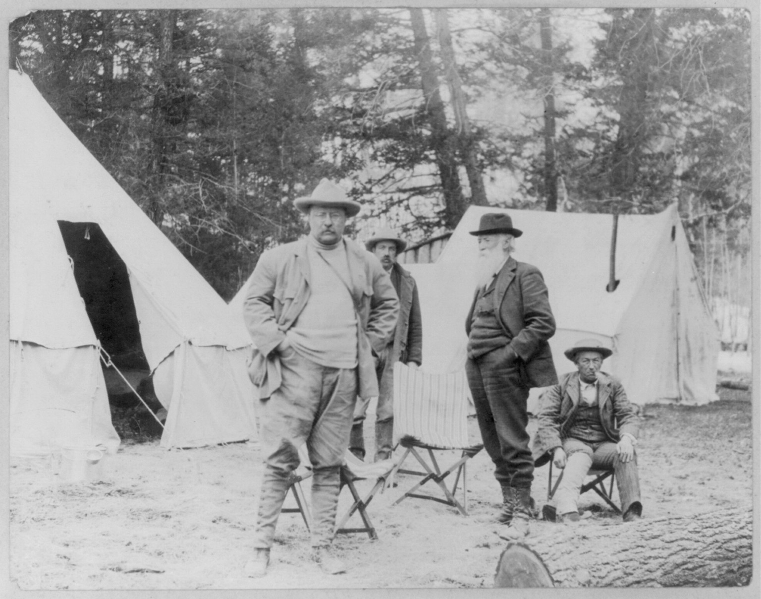 Theodore Roosevelt with John Burroughs and Billy Hofer at camp near Losser Creek, [between 1900 and 1910] — historic photograph