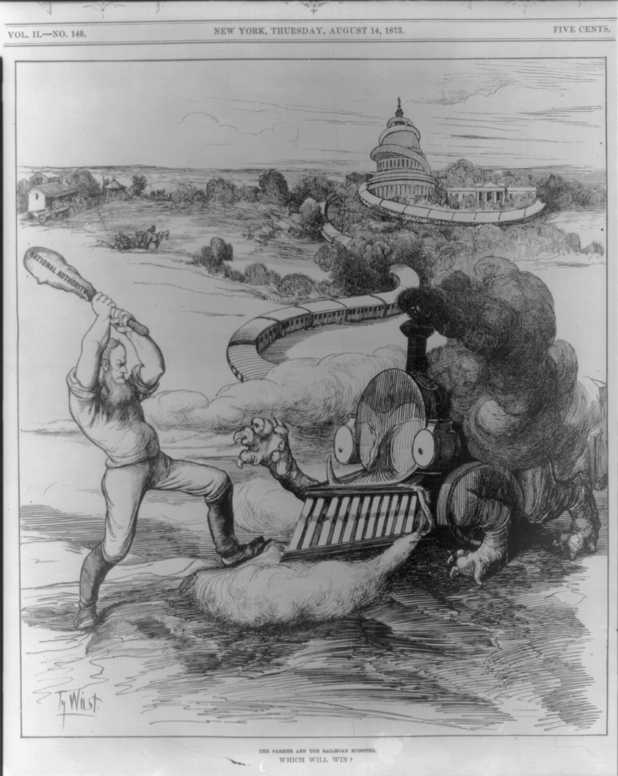 Which will win? the famer or the railroad monster? — antique engraving