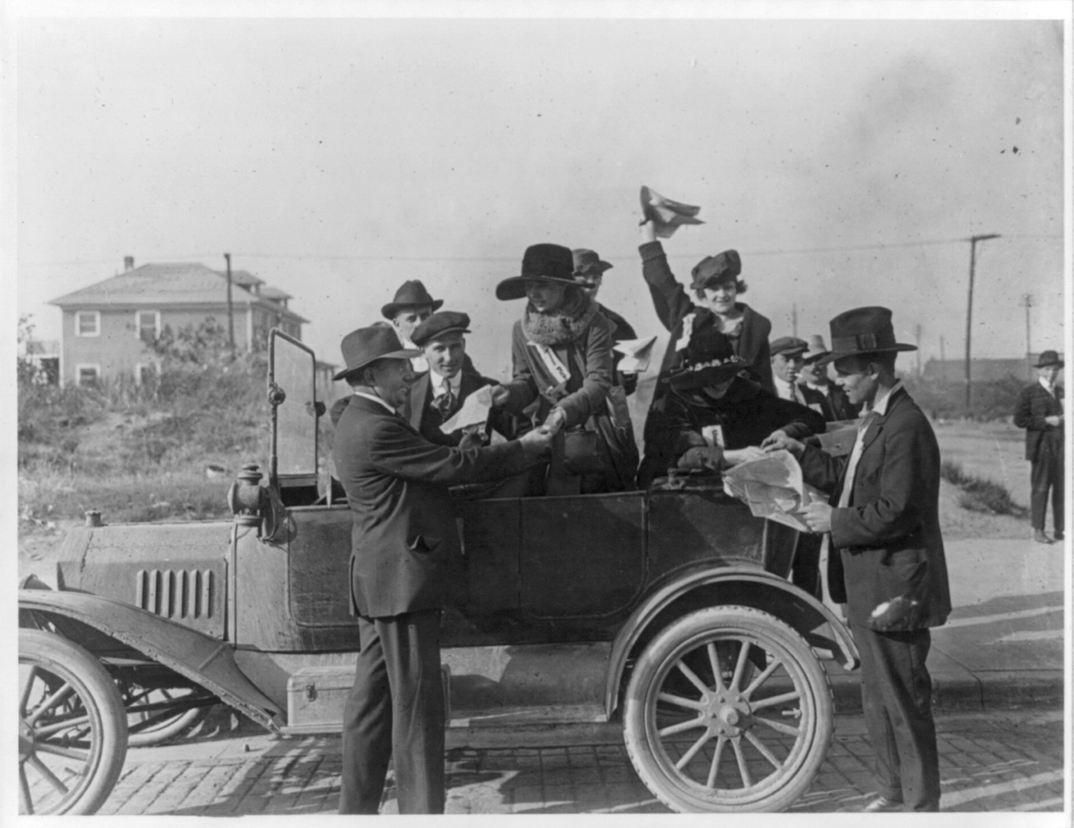 Girl steel workers [in automobile] on picket duty on steel mill property, [1919] — historic photograph
