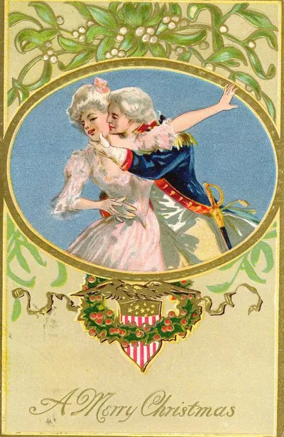 Christmas greeting card with couple and mistletoe