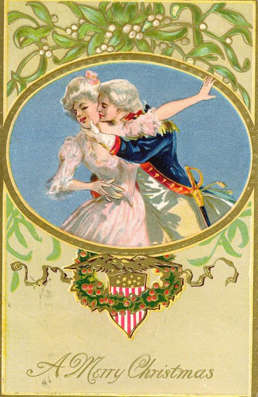 Christmas greeting card with couple and mistletoe — historic image
