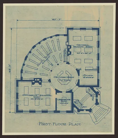 First floor plan of a library with reading rooms