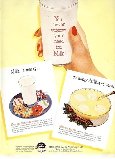 American Dairy Association ad: milk with cookies and egg nog