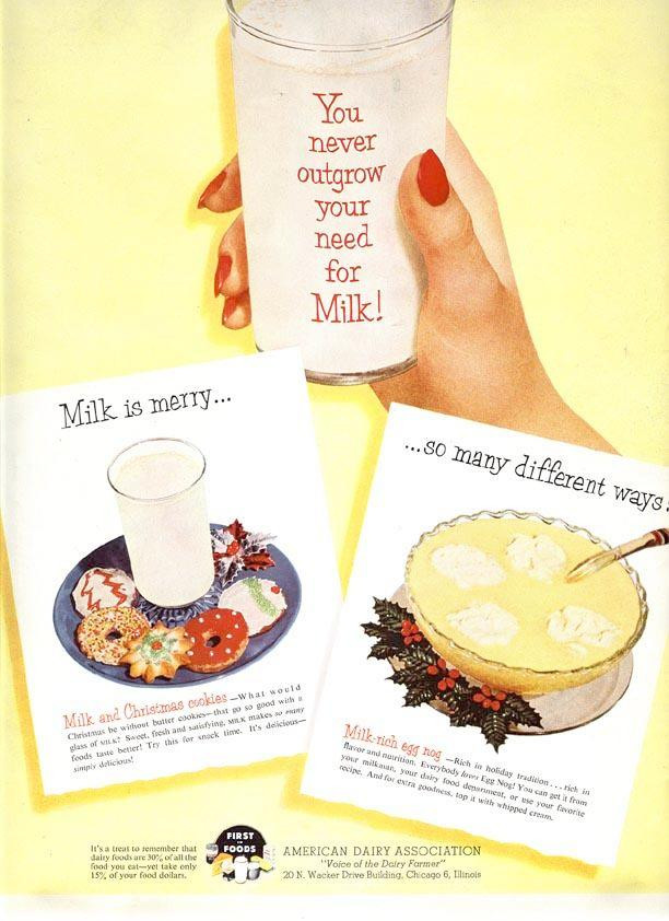 American Dairy Association ad: milk with cookies and egg nog — historic image