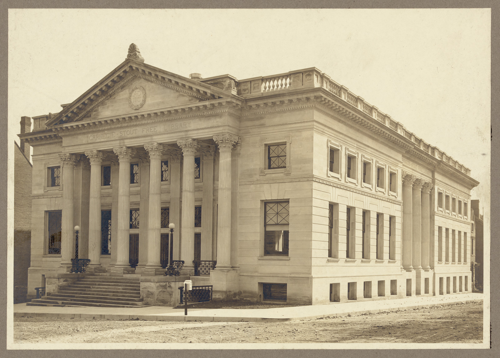 Exterior view of the Carnegie Stout library building — historic image