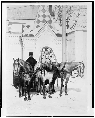 [Team of three horses pulling sled, Russia]