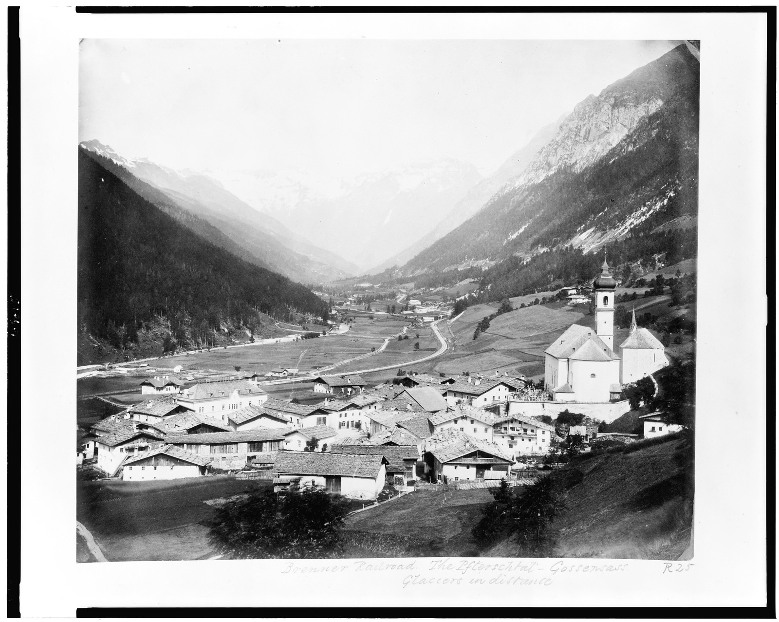 Brenner Railroad. The Pfterschtal-Gossensass glaciers in distance, [between 1860 and 1890] — historic photograph