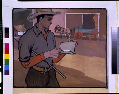 Man in hat reading, with horse and wagon by farm buildings