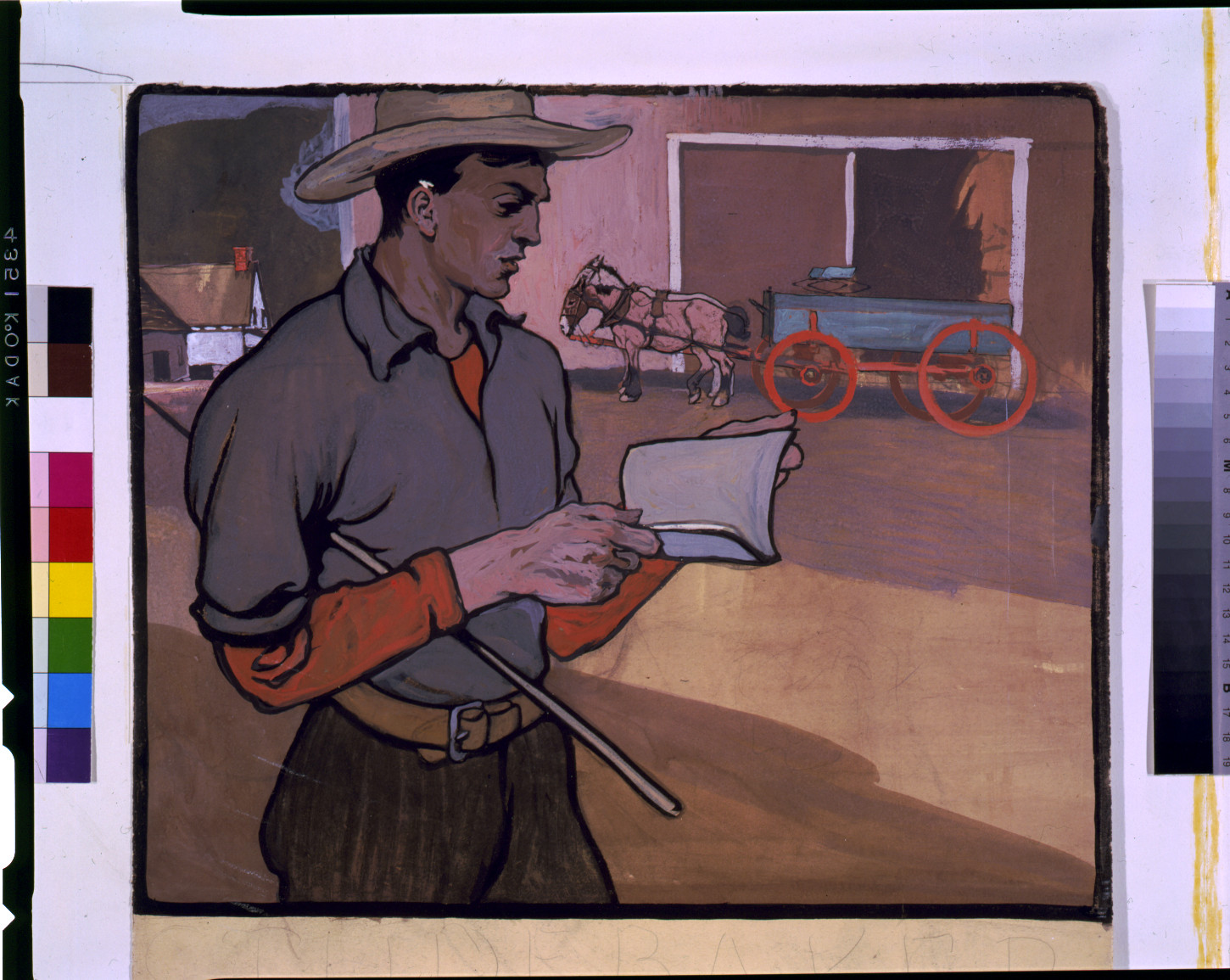 Man in hat reading, with horse and wagon by farm buildings — historic image