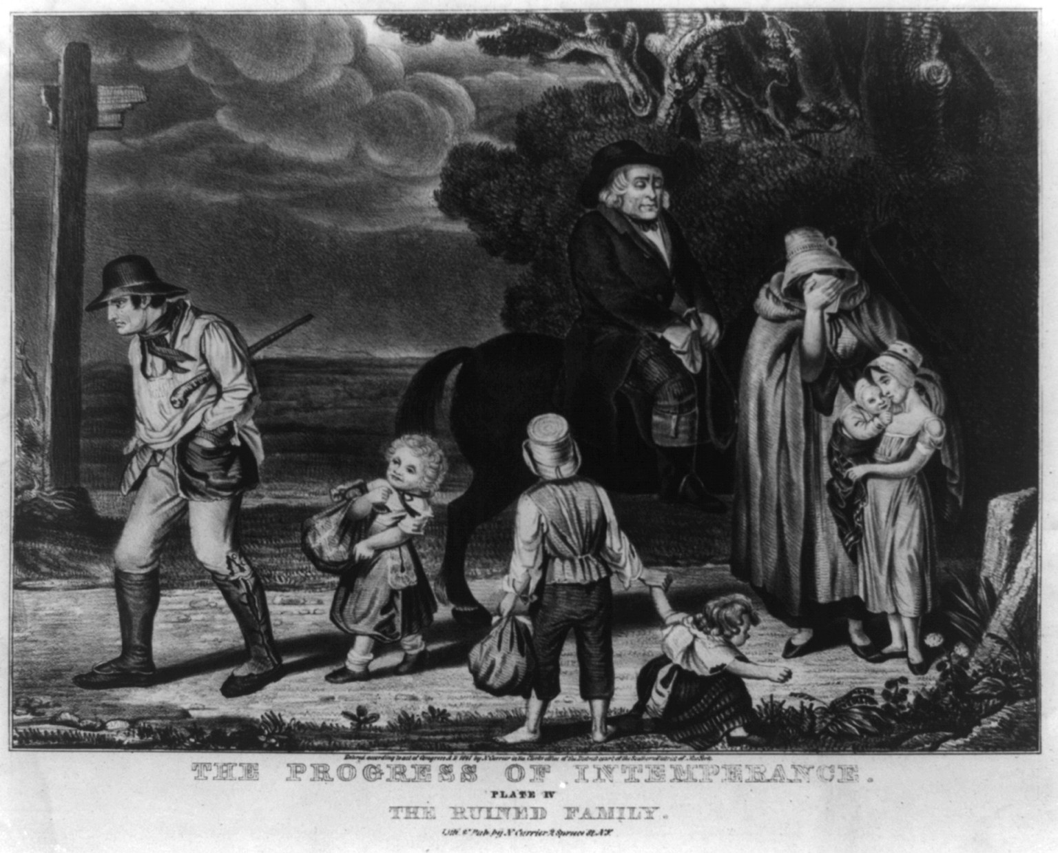 The progress of intemperance: plate IV. the ruined family, New York : Published by N. Currier, c1841. — antique lithograph