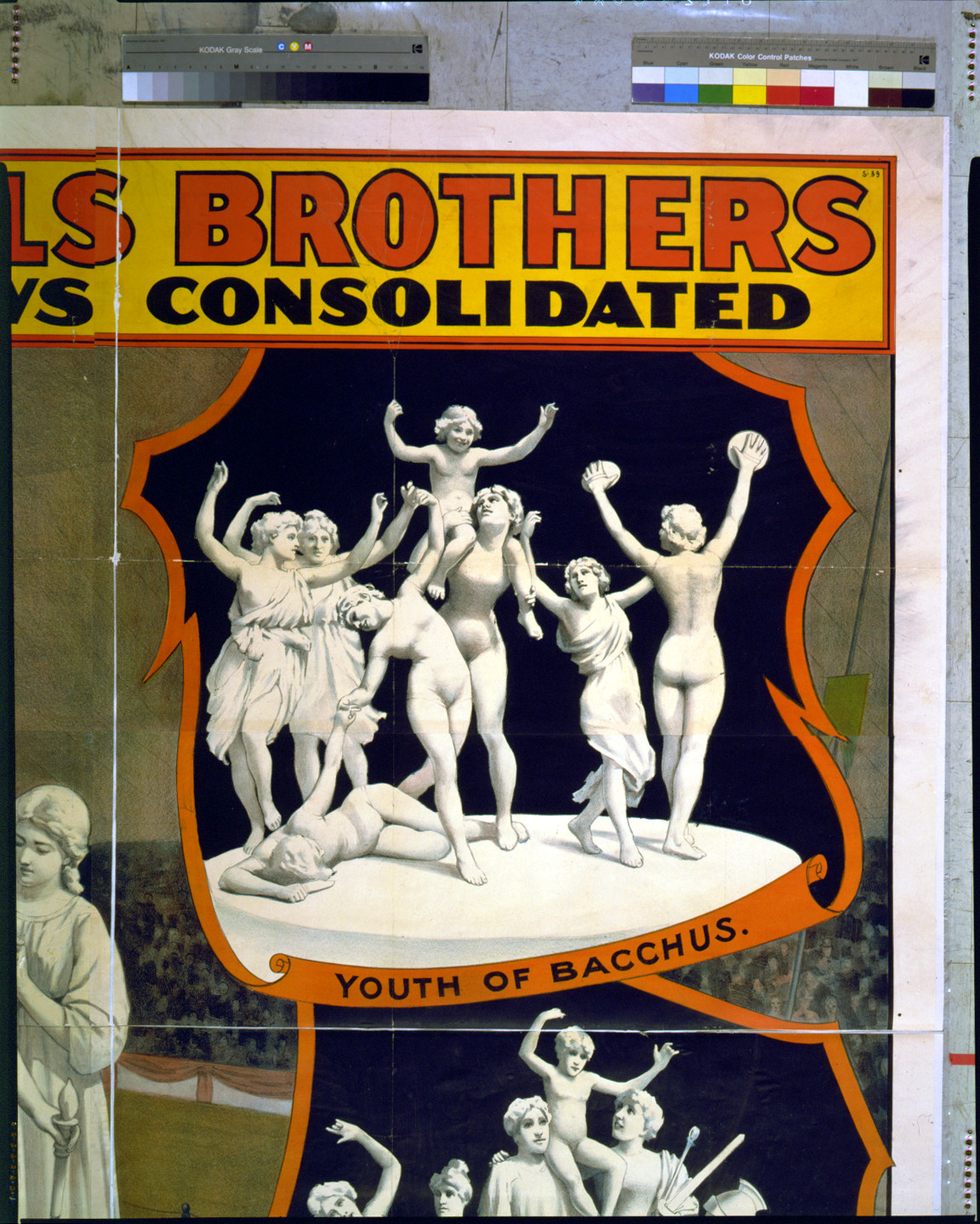 Circus poster with banner reading "Youth of Bacchus — vintage poster