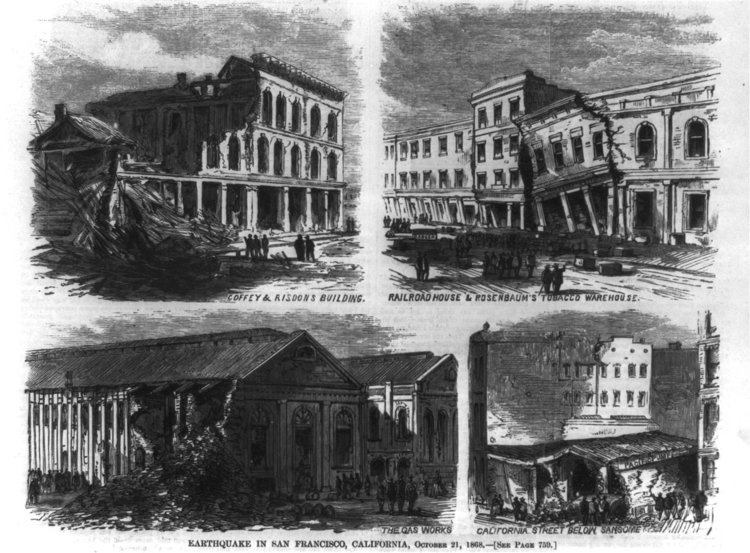 Earthquake in San Francisco, California, Oct. 21, 1868, 1868 — antique engraving
