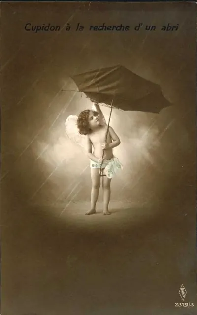 Cupid seeking shelter under an umbrella