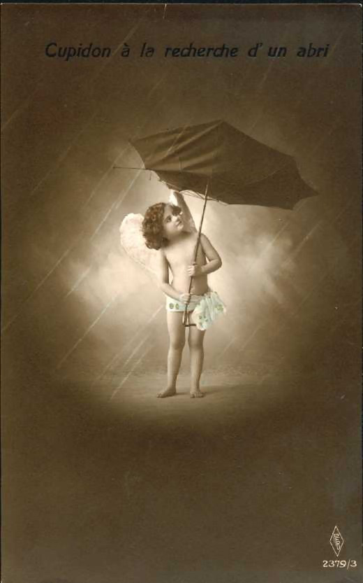 Cupid seeking shelter under an umbrella — historic image