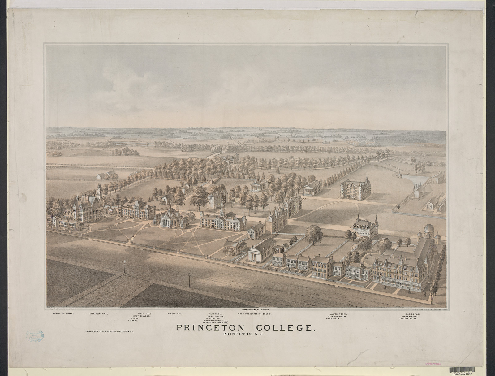Princeton College, Princeton N.J. bird's-eye view lithograph — antique lithograph