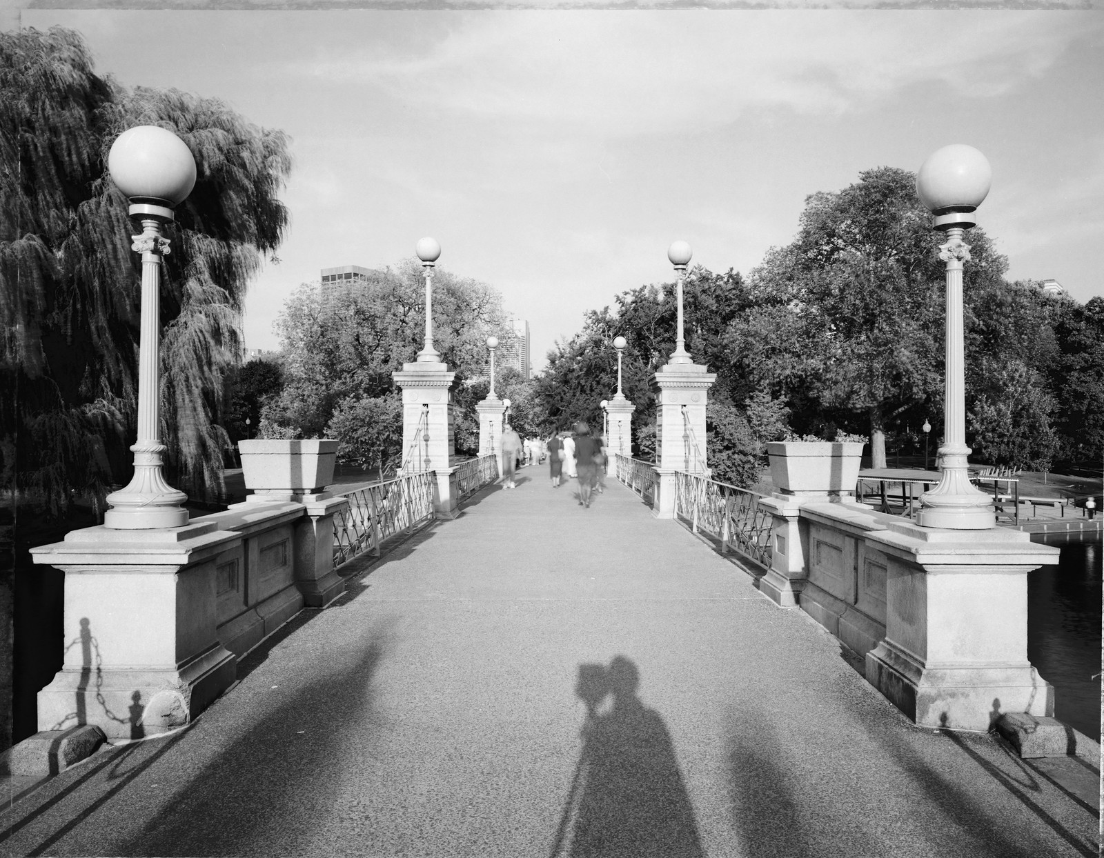 Public Garden footbridge with ornate lamps, viewed eastward — historic image