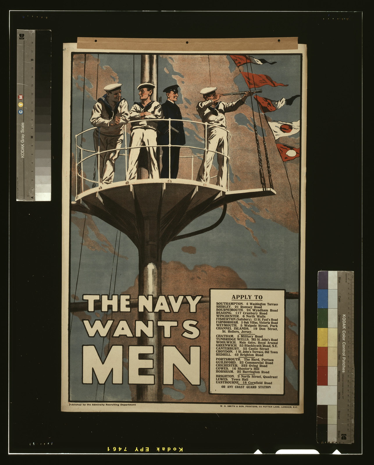 The navy wants men / W.H. Smith & Son, Printers, 55 Fetter Lane, London, E.C., [S.l.] : Admiralty Recruiting Department, [1915] — vintage poster