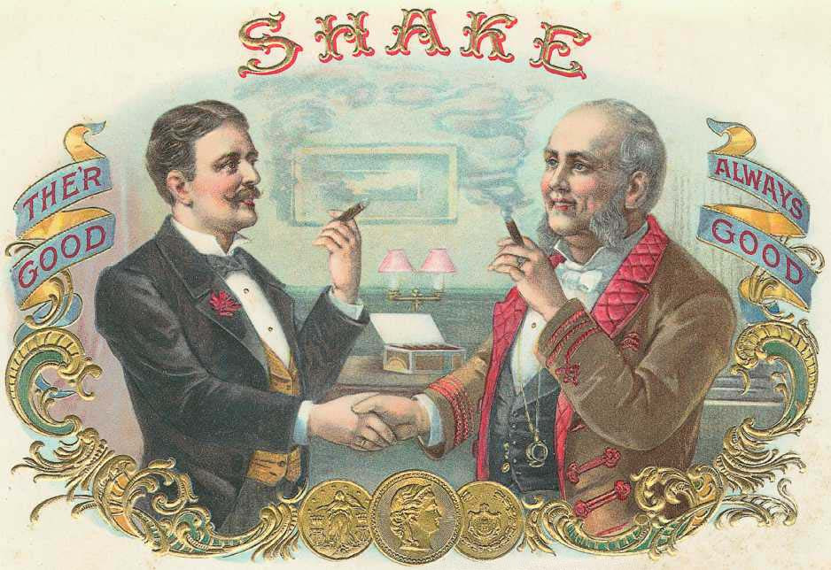 Cigar box label: two men shaking hands, 'Shake' lettering — historic image
