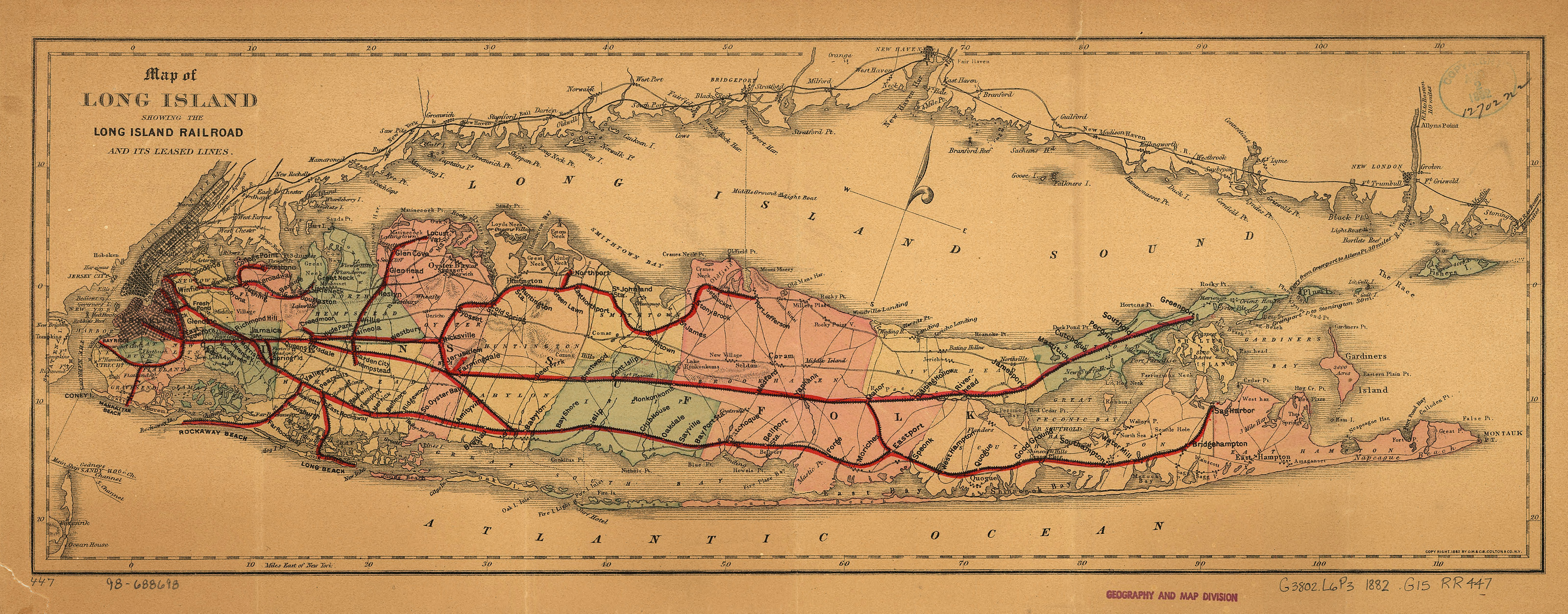 Map of Long Island and the Long Island Railroad and its leased lines, 1882 — antique map