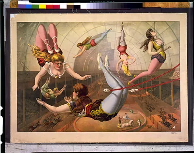 [Female acrobats on trapezes at circus]